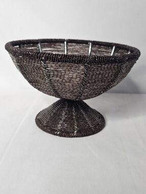 Vintage African Beaded Wire Bowl 7" Handcrafted Footed Basket Decorative Metal